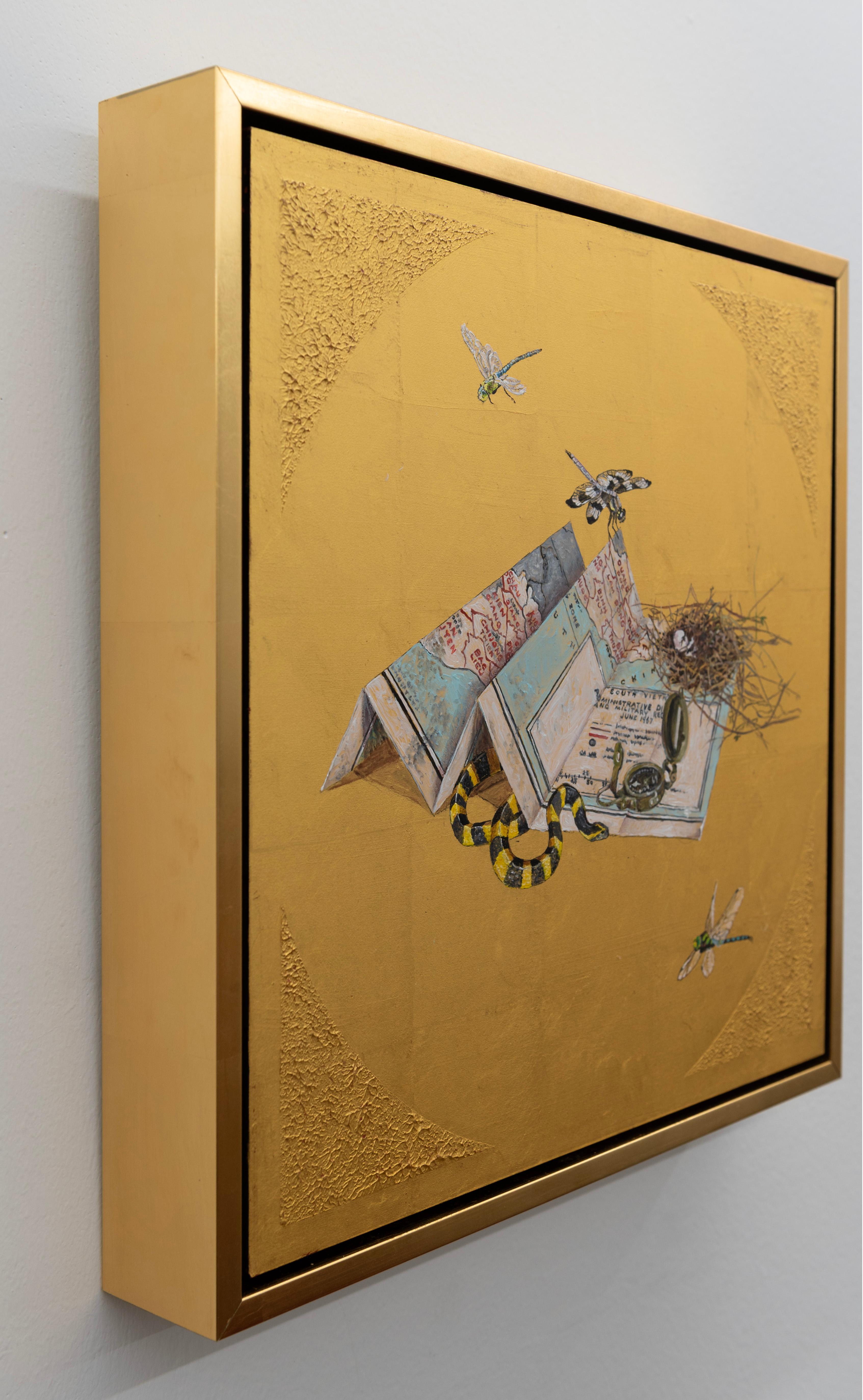 Onward - Oil painting on 23k gold leaf, still life, map, snake, dragonfly, nest For Sale 3