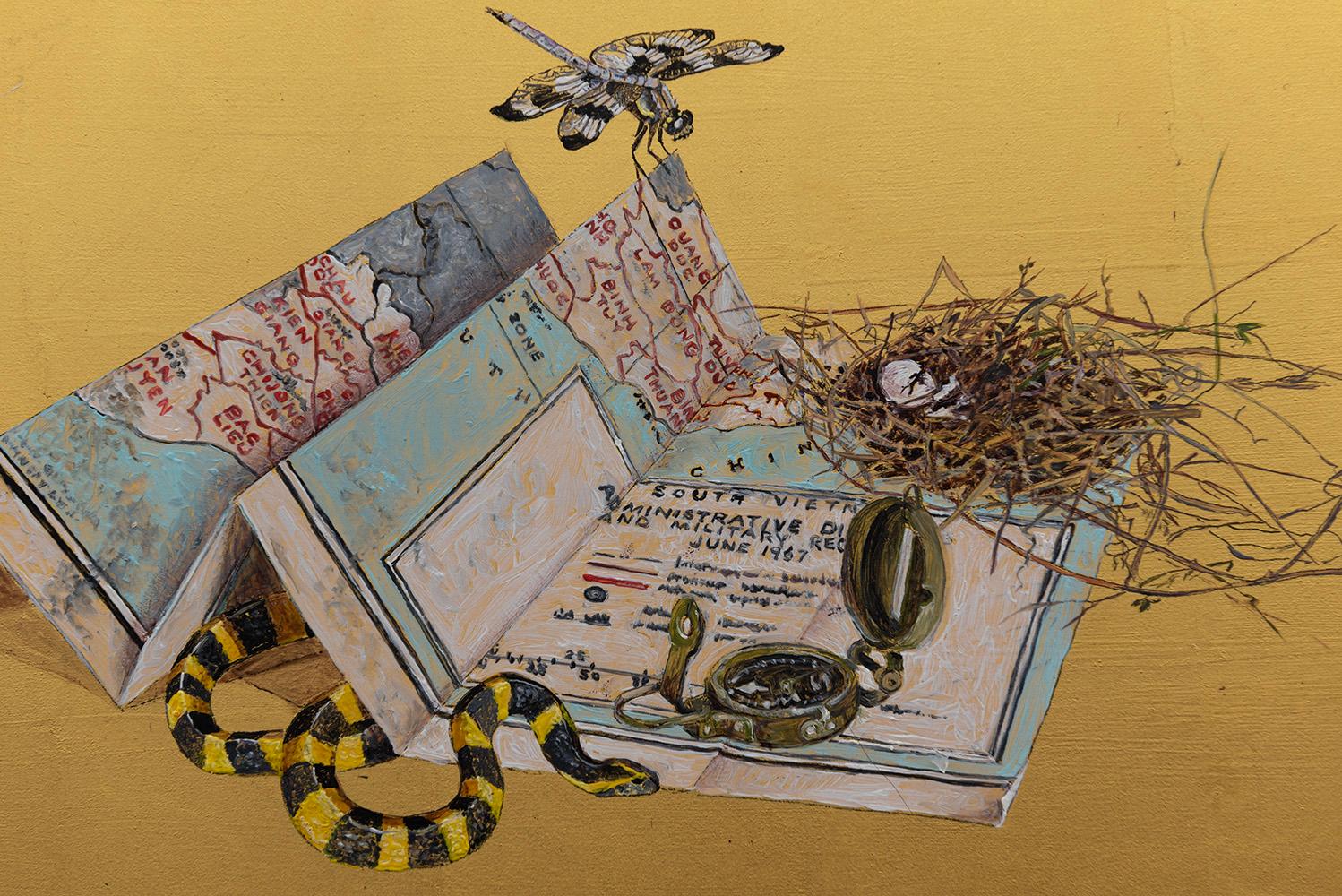Onward - Oil painting on 23k gold leaf, still life, map, snake, dragonfly, nest For Sale 4