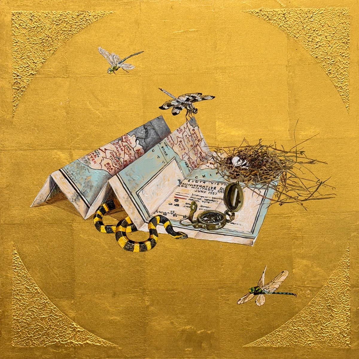 Onward - Oil painting on 23k gold leaf, still life, map, snake, dragonfly, nest - Painting by Pam Burnley-Schol