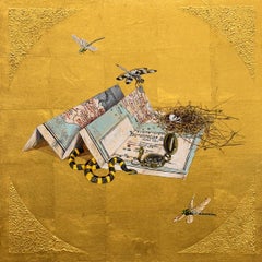 Onward - Oil painting on 23k gold leaf, still life, map, snake, dragonfly, nest
