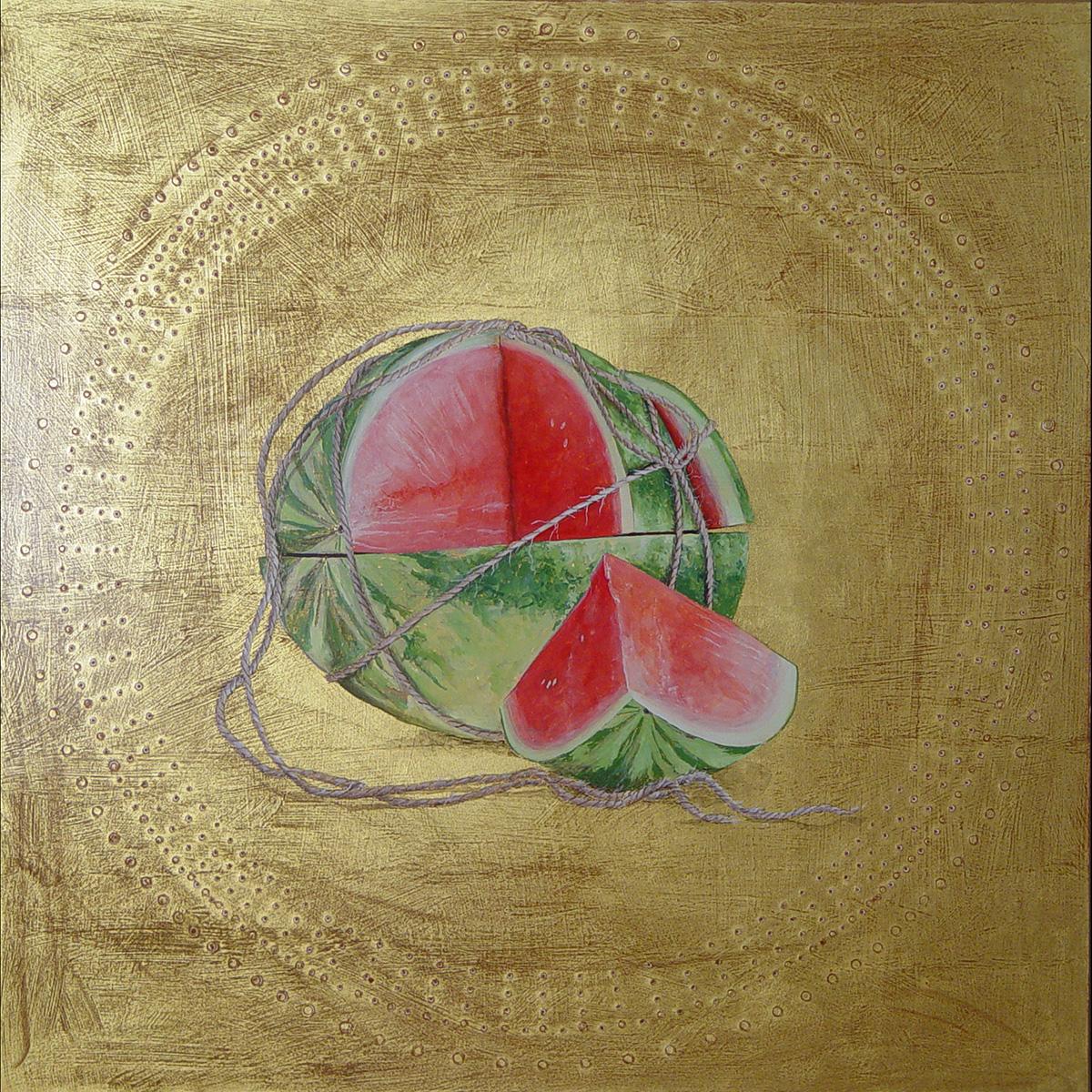 Ties that Bind (One) - Peinture à l'huile sur feuille d'or, pastèque, fruits, nature morte