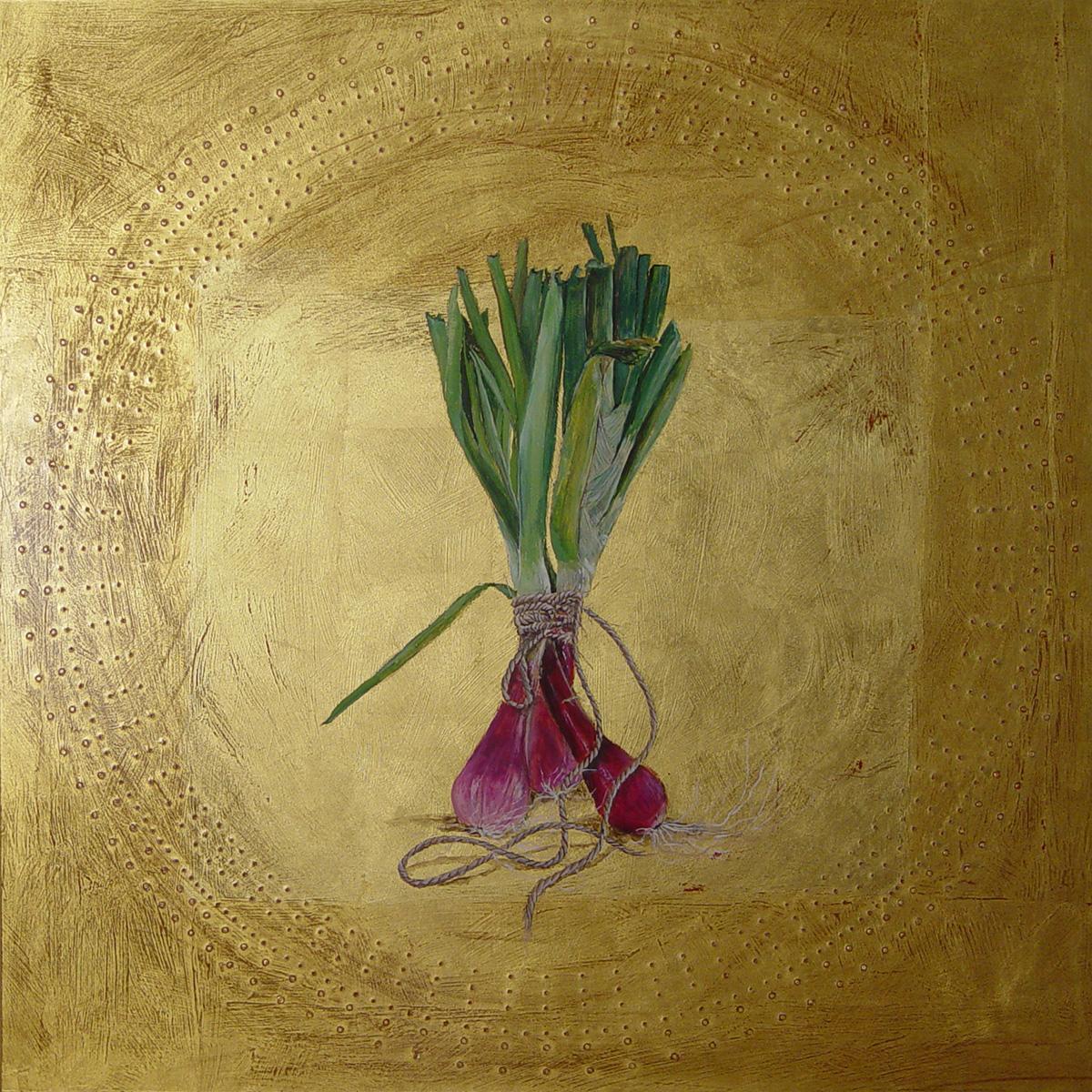 Pam Burnley-Schol Figurative Painting – Ties That Bind (Three) - Stillleben, Gemüse, 23k Blattgold, Unikat