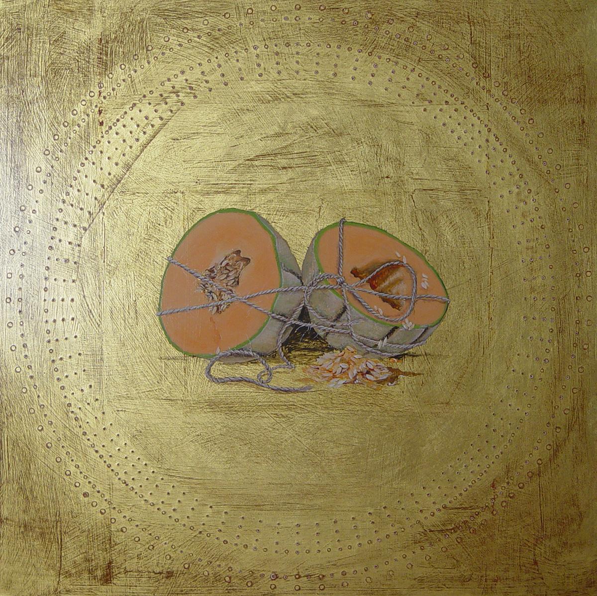 Figurative Painting de Pam Burnley-Schol - Lazos que unen (Dos) - Cantalupo, Fruta, Naturaleza muerta, Único, Pan de oro