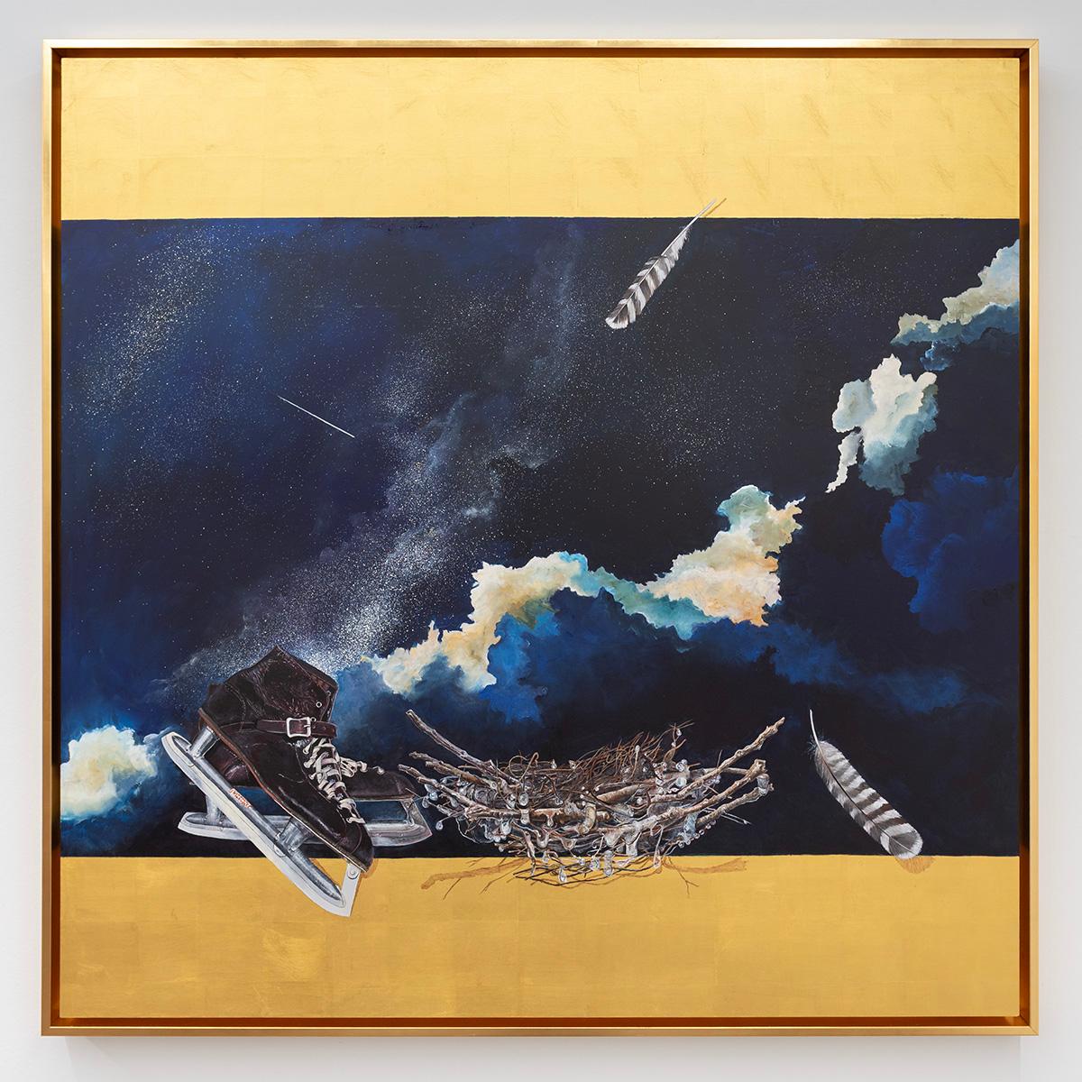 Victory (The Thin Ice Skater), from the series, Nested Memory - Feathers, Sky - Painting by Pam Burnley-Schol