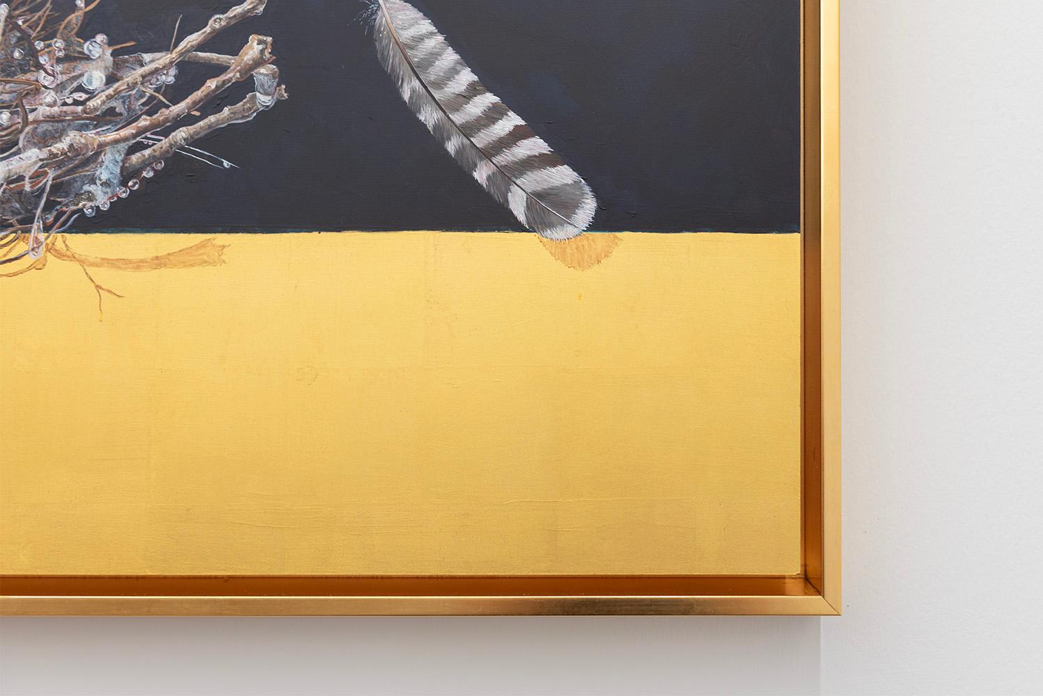 Victory (The Thin Ice Skater) by Pam Burnley-Schol is an oil painting on gold leaf, depicting a pair of ice skates and an icy bird's nest against a dark, starry sky, with  floating feathers. 

Oil paint and 23k gold leaf on panel
48 x 48 x 2