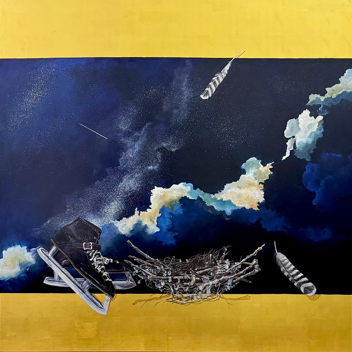 Pam Burnley-Schol Still-Life Painting - Victory (The Thin Ice Skater), from the series, Nested Memory - Feathers, Sky