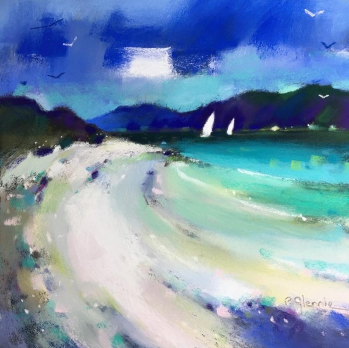 Pareja de cuadros de paisajes playeros escoceses de Pam Glennie - Arte costero al óleo y al pastel 4