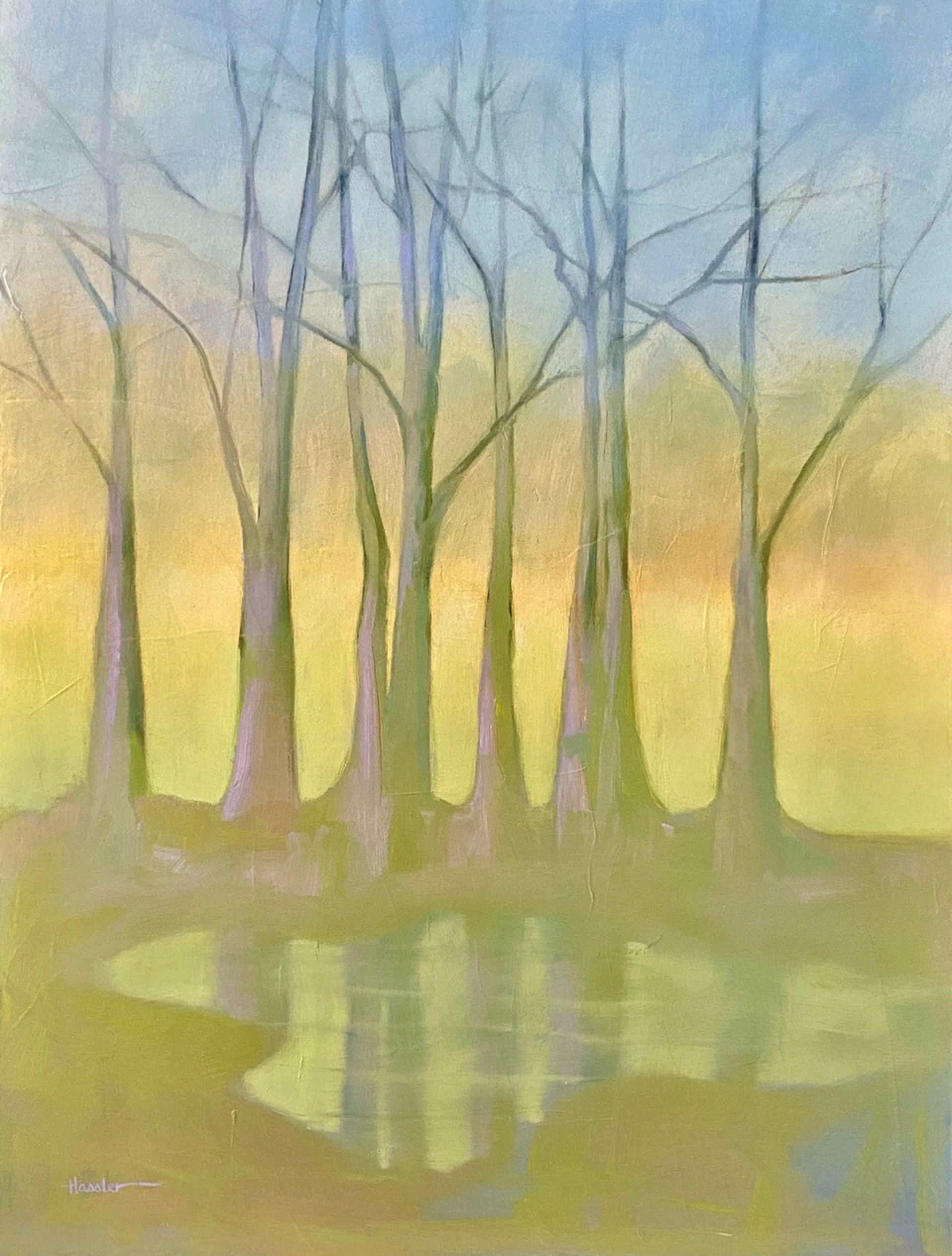 Pam Hassler Landscape Painting - After the Rain III, landscape, oil painting, nature, sunset, water, green & blue