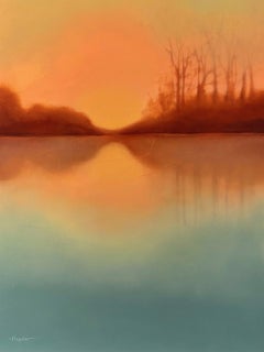 Dawn II, landscape, oil painting, nature, sunset, trees, orange & blue