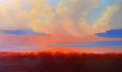 Glow, landscape, oil painting, nature, sunset, trees, red & blue