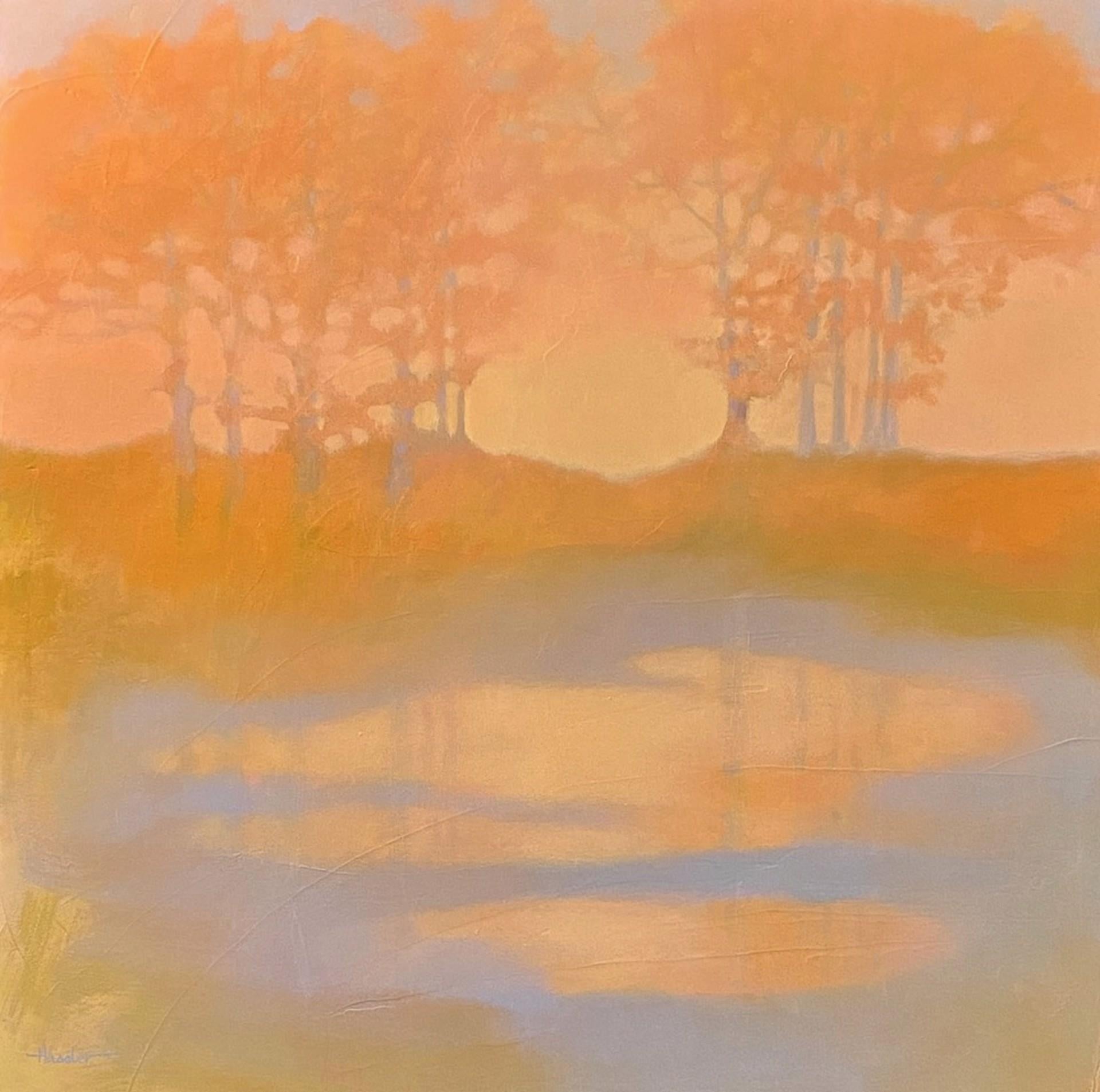 Pam Hassler Landscape Painting - Morning Glory, landscape, oil painting, nature, sunset, water, orange & blue