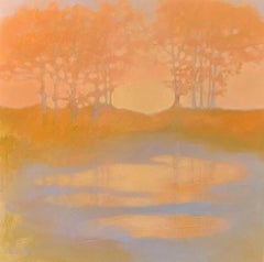 Morning Glory, landscape, oil painting, nature, sunset, water, orange & blue