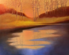 Reflections, landscape, oil painting, nature, sunset, trees, orange & blue