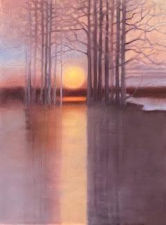 Rising Hope, landscape, oil painting, nature, sunset, water, pink & purple