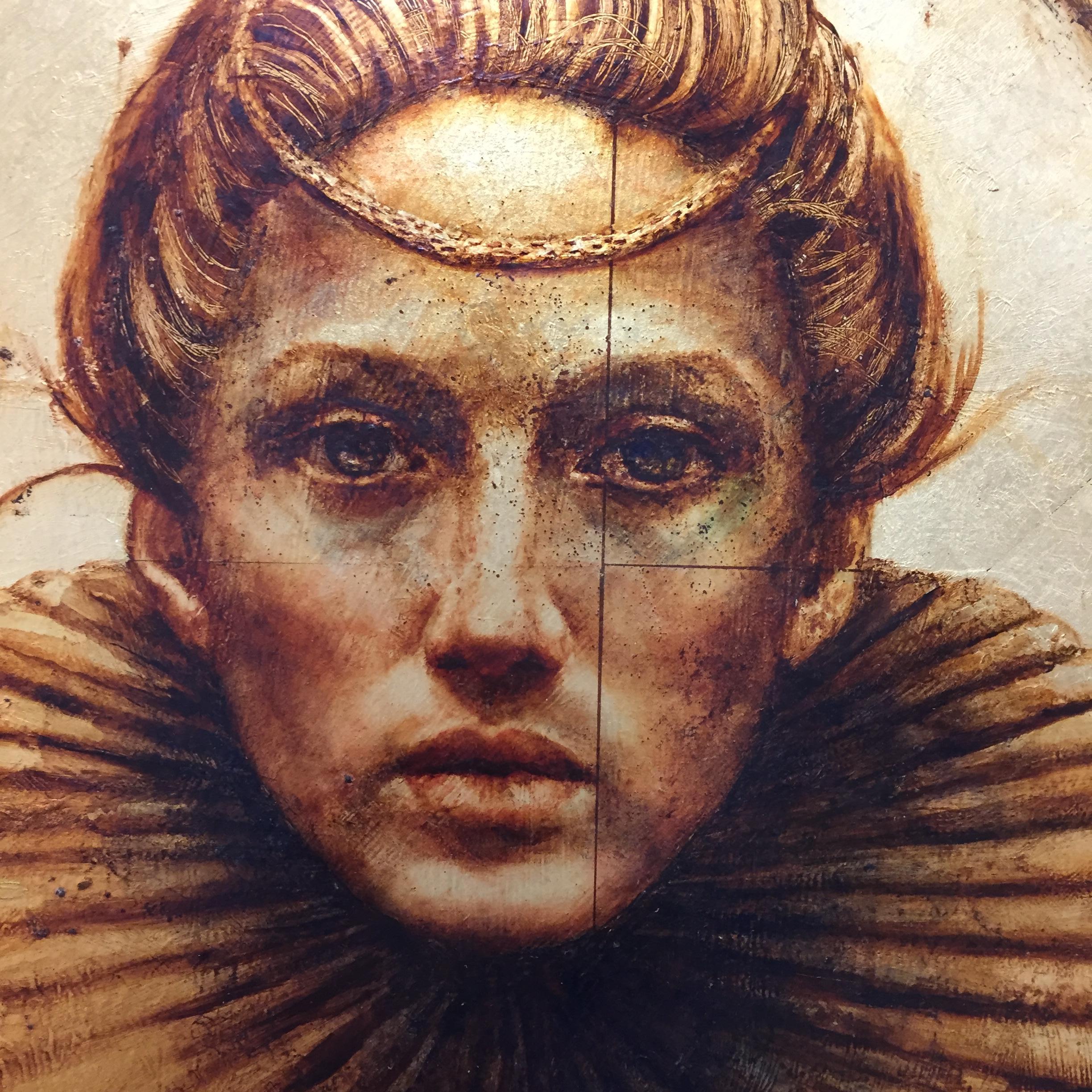 Out of Time-21st Century Contemporary Portrait Oil Painting on Gold Leaf - Brown Figurative Painting by Pam Hawkes