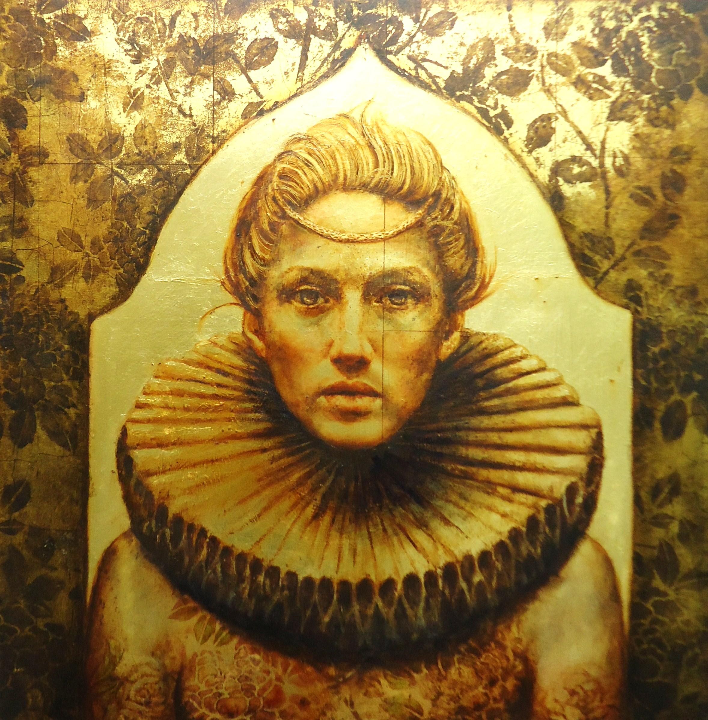 Pam Hawkes Figurative Painting - Out of Time-21st Century Contemporary Portrait Oil Painting on Gold Leaf