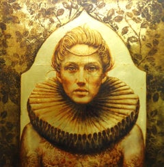 Out of Time - Portrait contemporain du 21e siècle - Peinture à l'huile sur feuille d'or