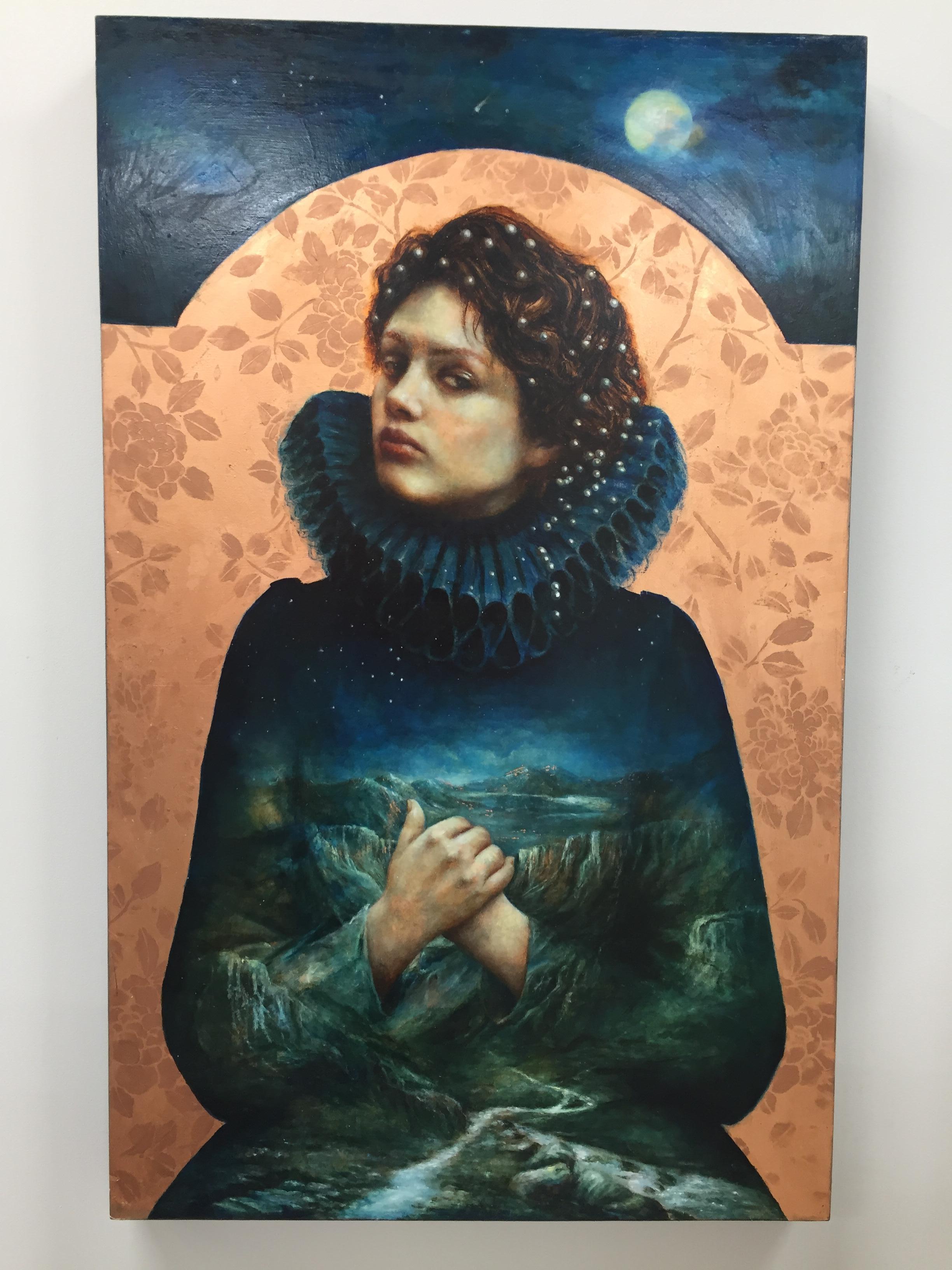 Terra Nullis - 21. Jahrhundert Zeitgenössisches ikonisches Gemälde eines Mädchens im blauen Kleid (Schwarz), Figurative Painting, von Pam Hawkes