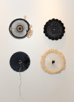 Morning Wreath- Woven Wall Hanging, Sculpture, Latex Paint, Thread, Wood