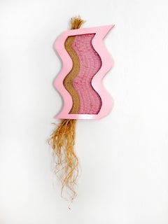 Pink Confetti- Paint, Wood, Mixed Media, Woven Wall Hanging, Sculpture