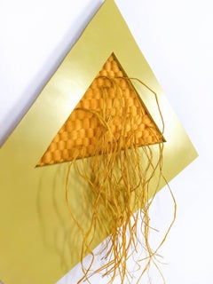 Yellow Confetti- Paint, Wood, Mixed Media, Woven Wall Hanging, Sculpture