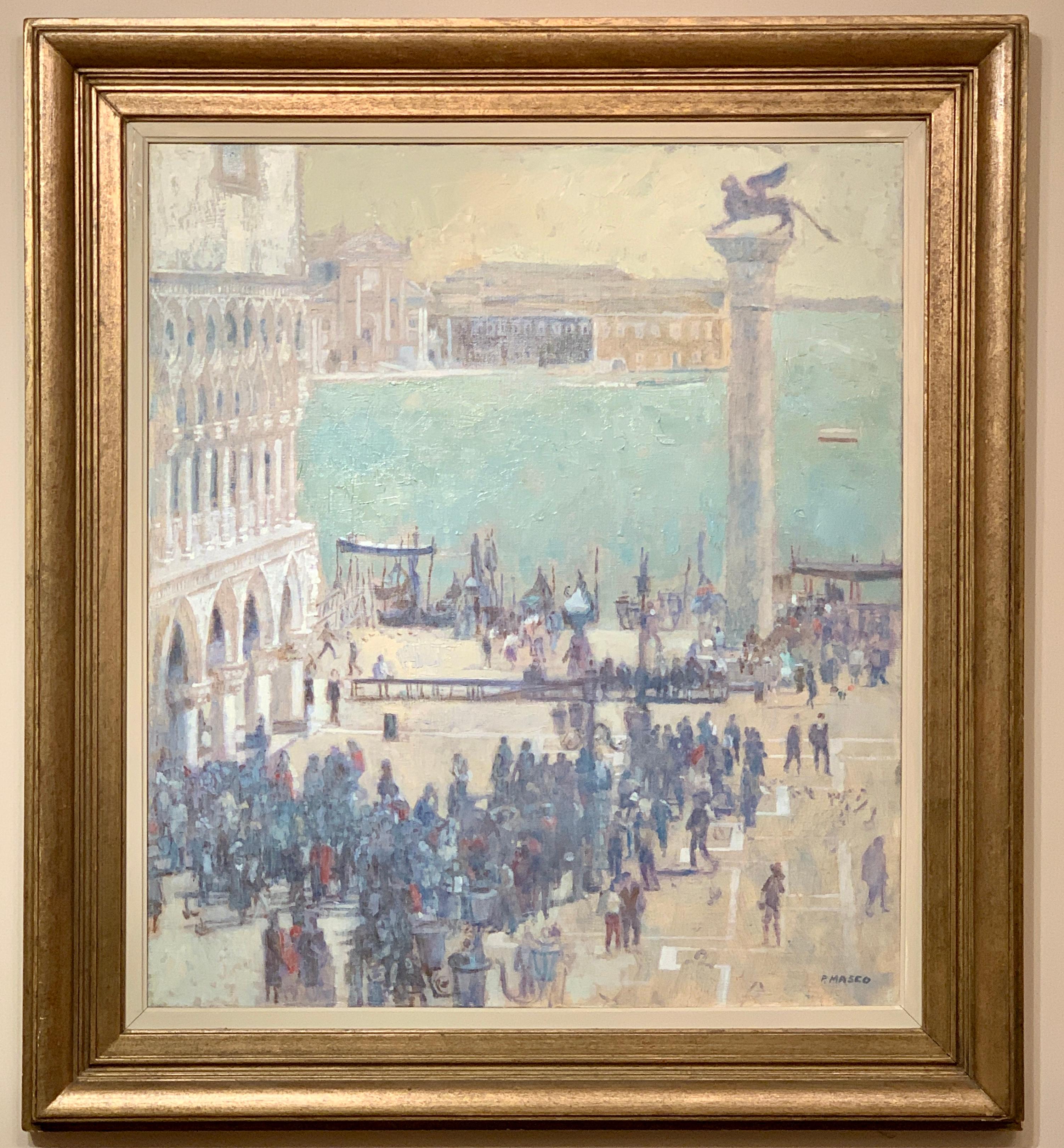 Impressionist view of people in  St. Marks Square in Venice - Painting by Pam Masco