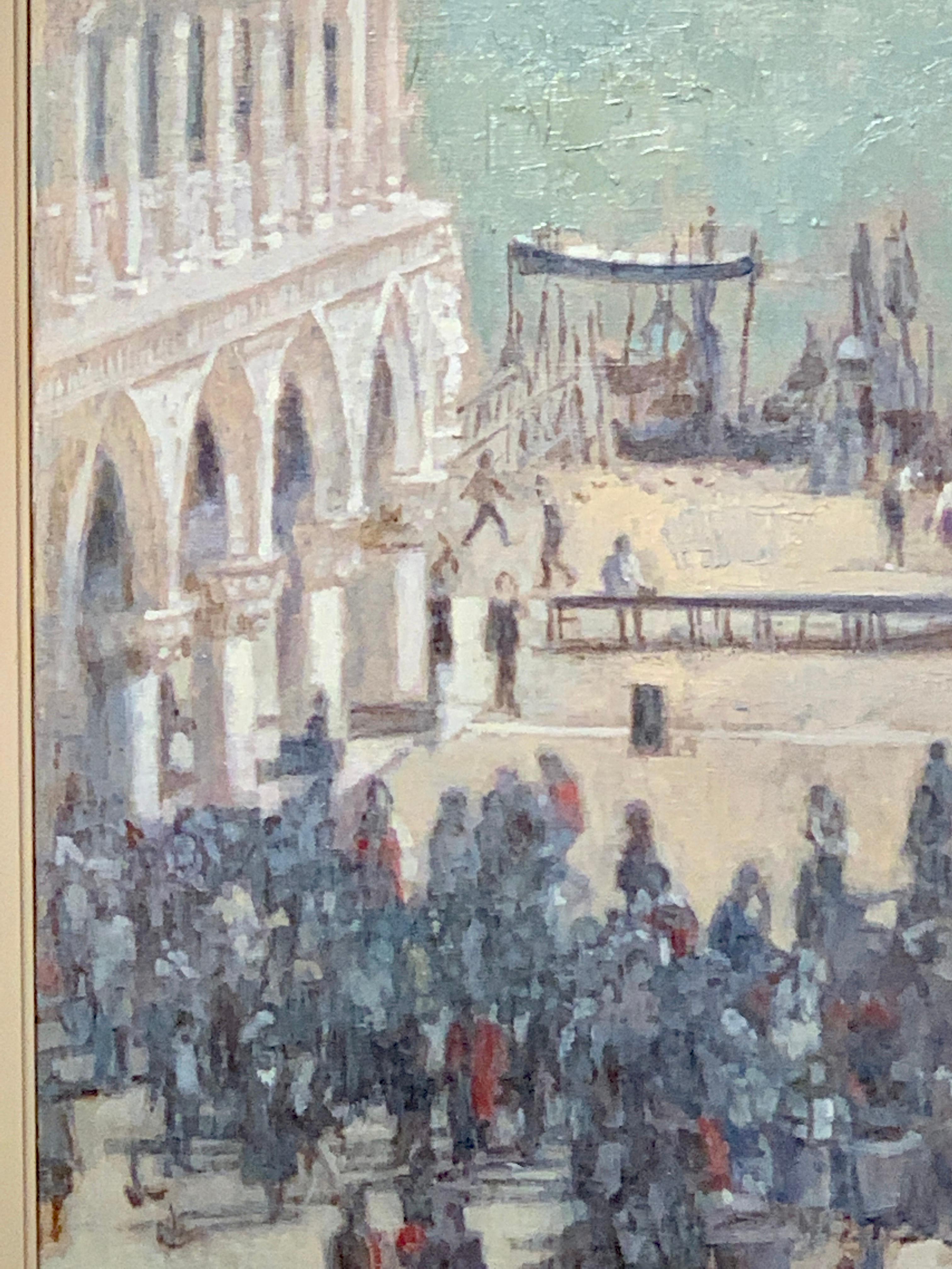 Wunderschöne impressionistische Ansicht des Markusplatzes in Venedig.

Pam Masco war eine Amerikanerin aus Massachusetts und Absolventin der School of the Boston Museum of Fine Arts (1976).  Sie war mit dem englischen Künstler John Heseltine
