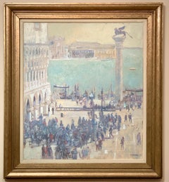 Vintage Impressionist view of people in  St. Marks Square in Venice