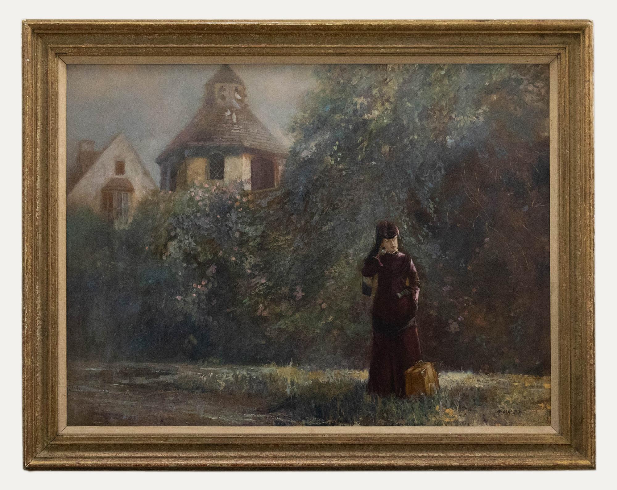 Un delizioso studio a olio che raffigura una giovane donna in abiti alla moda del XIX secolo che aspetta una carrozza sul ciglio di una strada di campagna. Lo stile si ispira agli artisti impressionisti come Renoir per l'espressività della pittura e