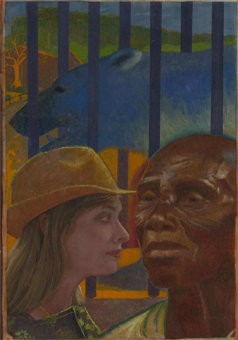 A fine 20th Century oil filled with colour, pattern and narrative. A man and woman can be seen in front of a majestic blue polar bear behind bars. The artist has signed to the lower right and inscribed and signed at the reverse. On board.
