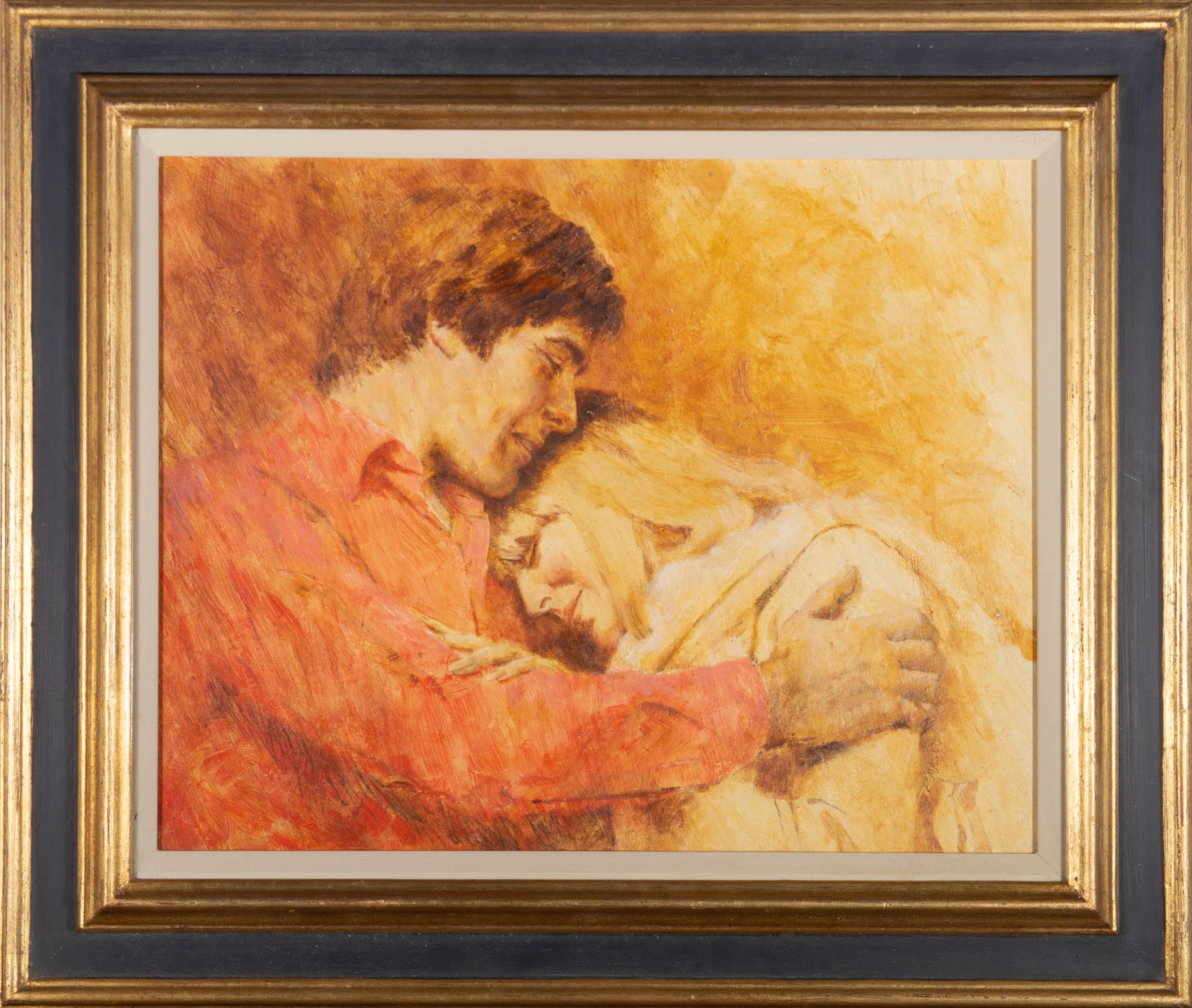 Raffigura un uomo e una donna in un caldo abbraccio. L'artista ha usato pennellate espressive per catturare l'emozione della coppia che si dice addio. Firmato in basso a destra. Dettagli dell'artista sul retro. A bordo .
