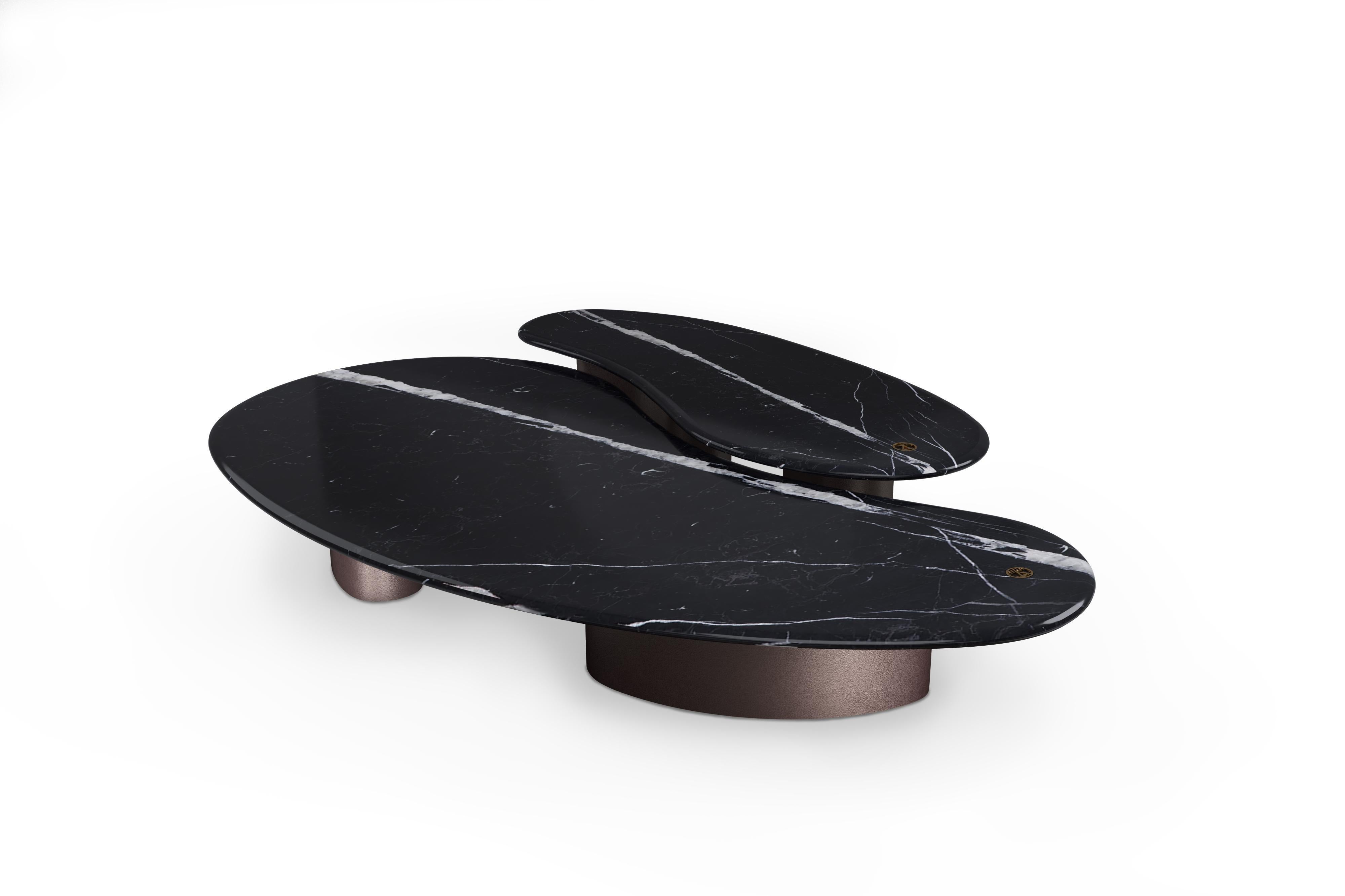 Hand-Knotted Pam Petit Organic Marble Center Table Set in Leather by Mansi London For Sale
