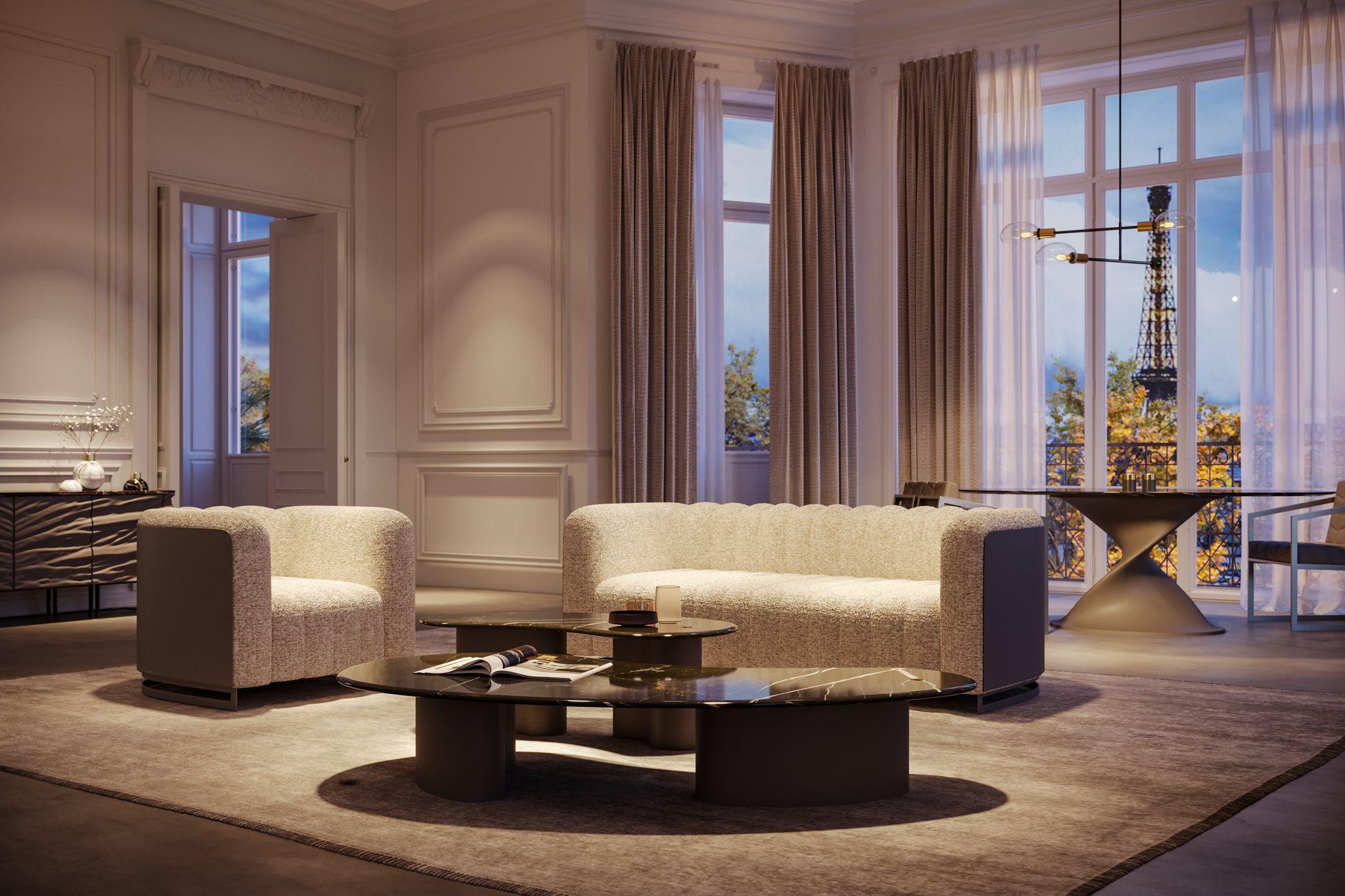 PAM PETIT organic quartzite center table set in matt off white leather by Mansi London

Center table set with an irregular, organic shape of the top and legs. 
Refined quartzite, signed with a 24KT gold plated logo. 
The base is finished in matt