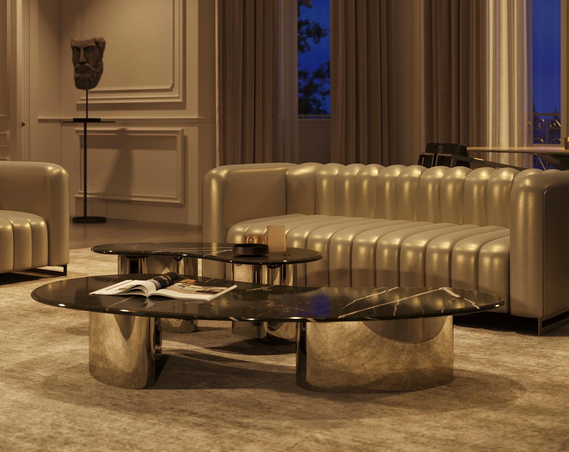 European PAM PETIT  Organic Quartzite Center Table Set in Leather by Mansi London For Sale