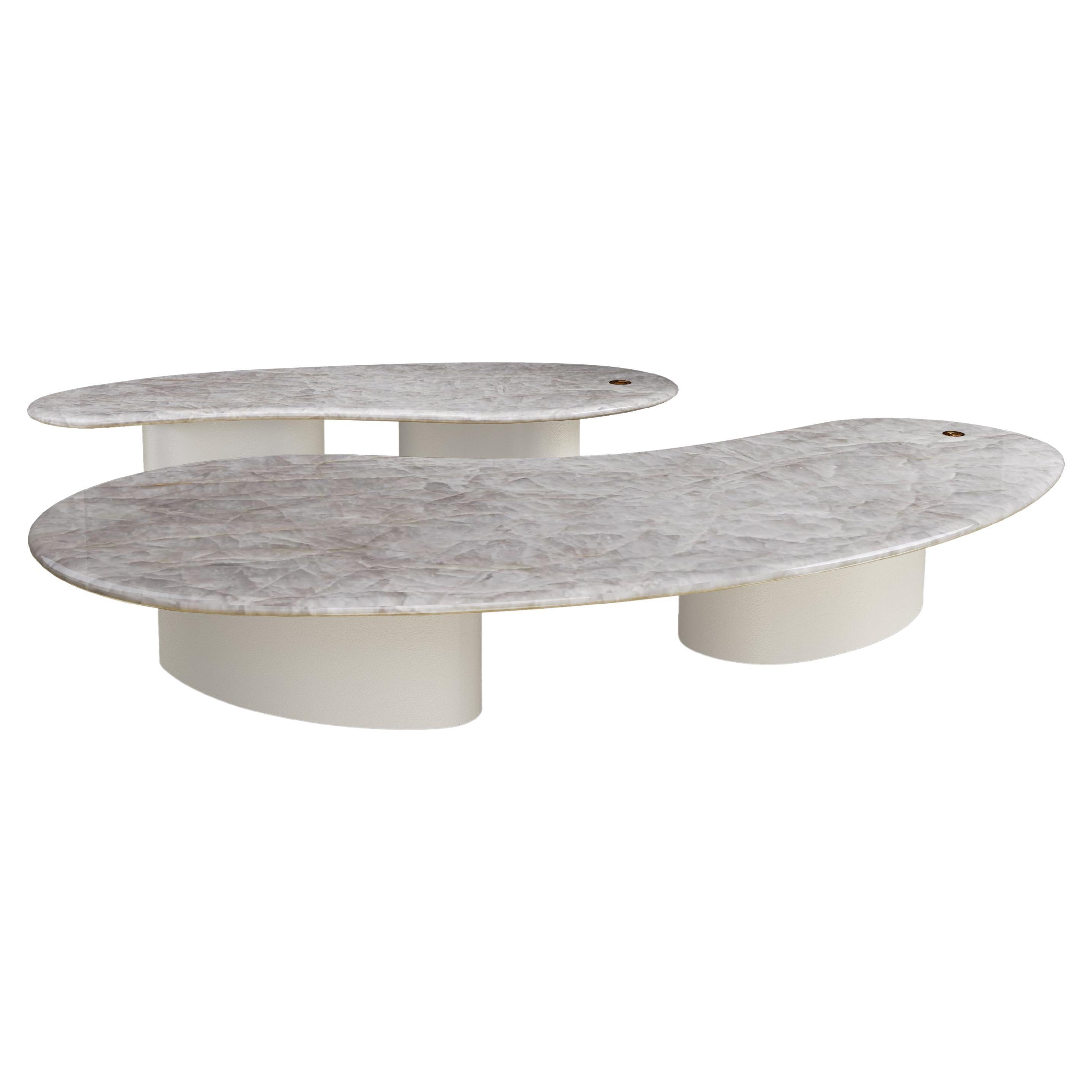 PAM PETIT  Organic Quartzite Center Table Set in Leather by Mansi London For Sale