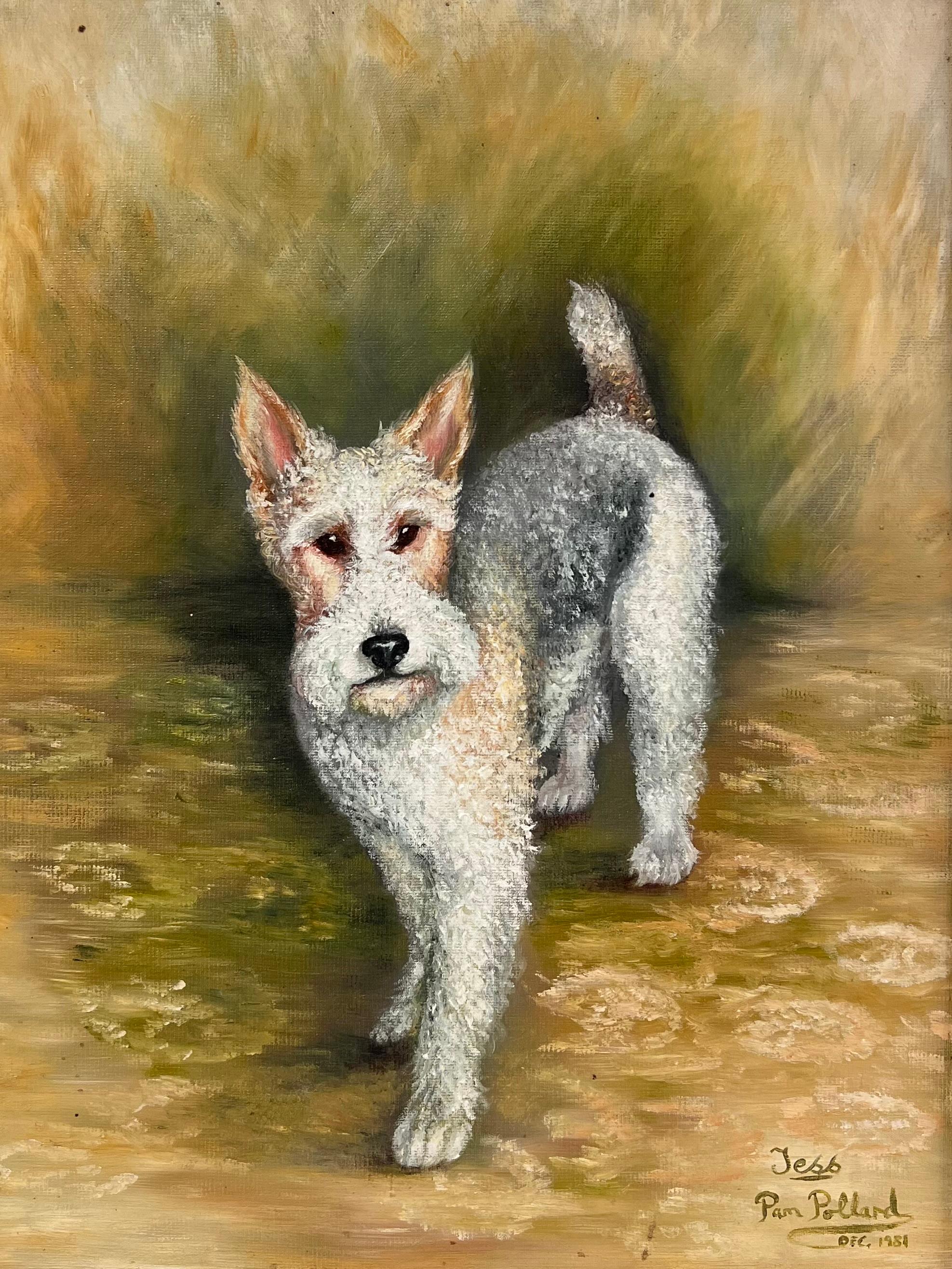 Vintage Englisch signiert Ölgemälde Foxterrier Hund Porträt – Painting von Pam Pollard
