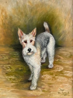 Vintage English Signed Oil Painting Fox Terrier Dog Portrait