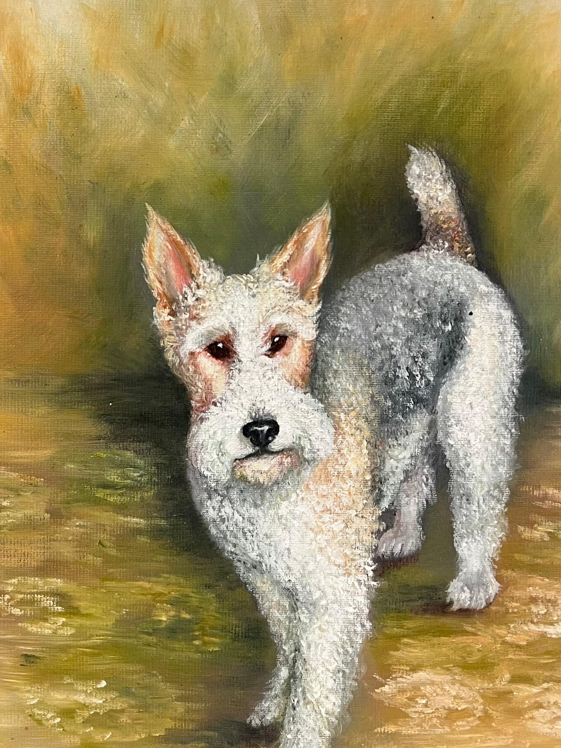 Vintage Englisch signiert Ölgemälde Foxterrier Hund Porträt (Englische Schule), Painting, von Pam Pollard