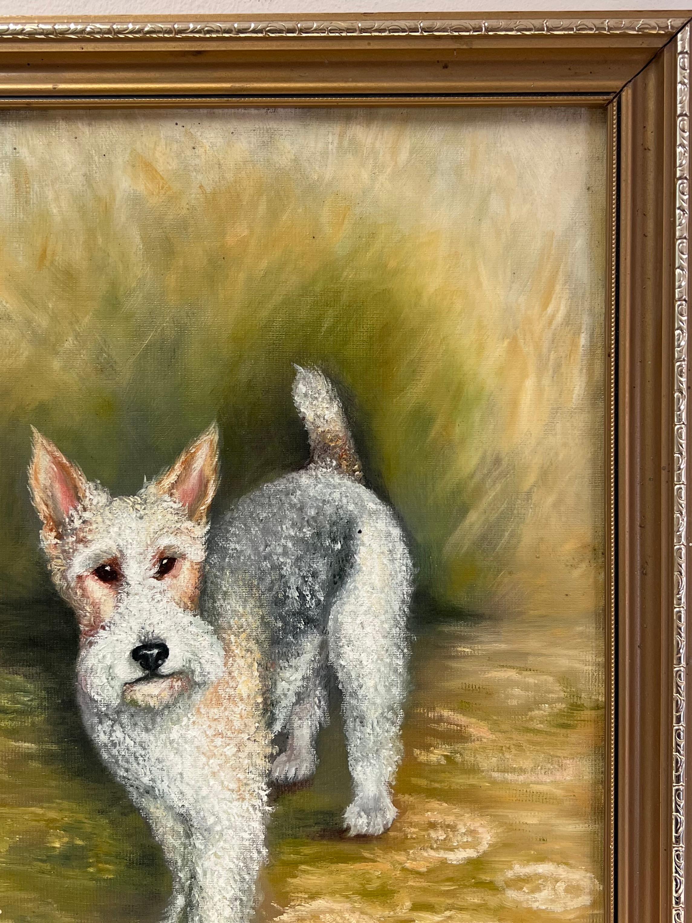 Vintage Englisch signiert Ölgemälde Foxterrier Hund Porträt (Braun), Animal Painting, von Pam Pollard