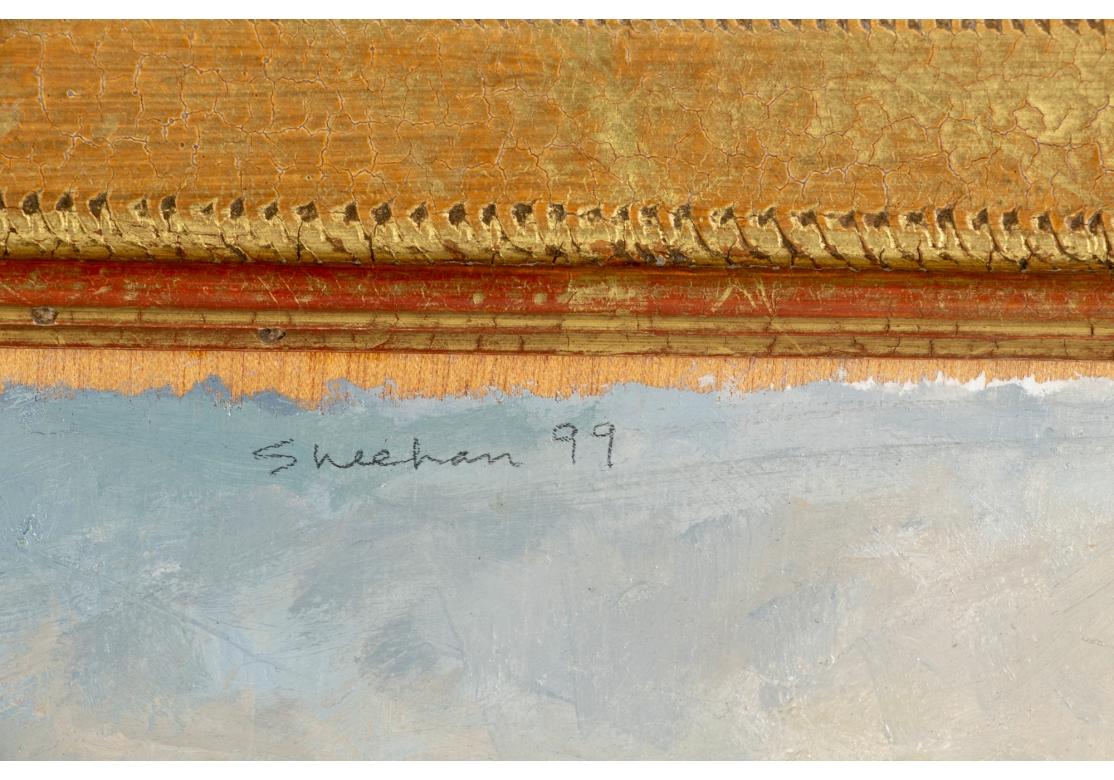 Pam Sheehan (Am. B. 1956) Huile sur panneau de paysage intitulée, Waterway État moyen - En vente à Bridgeport, CT