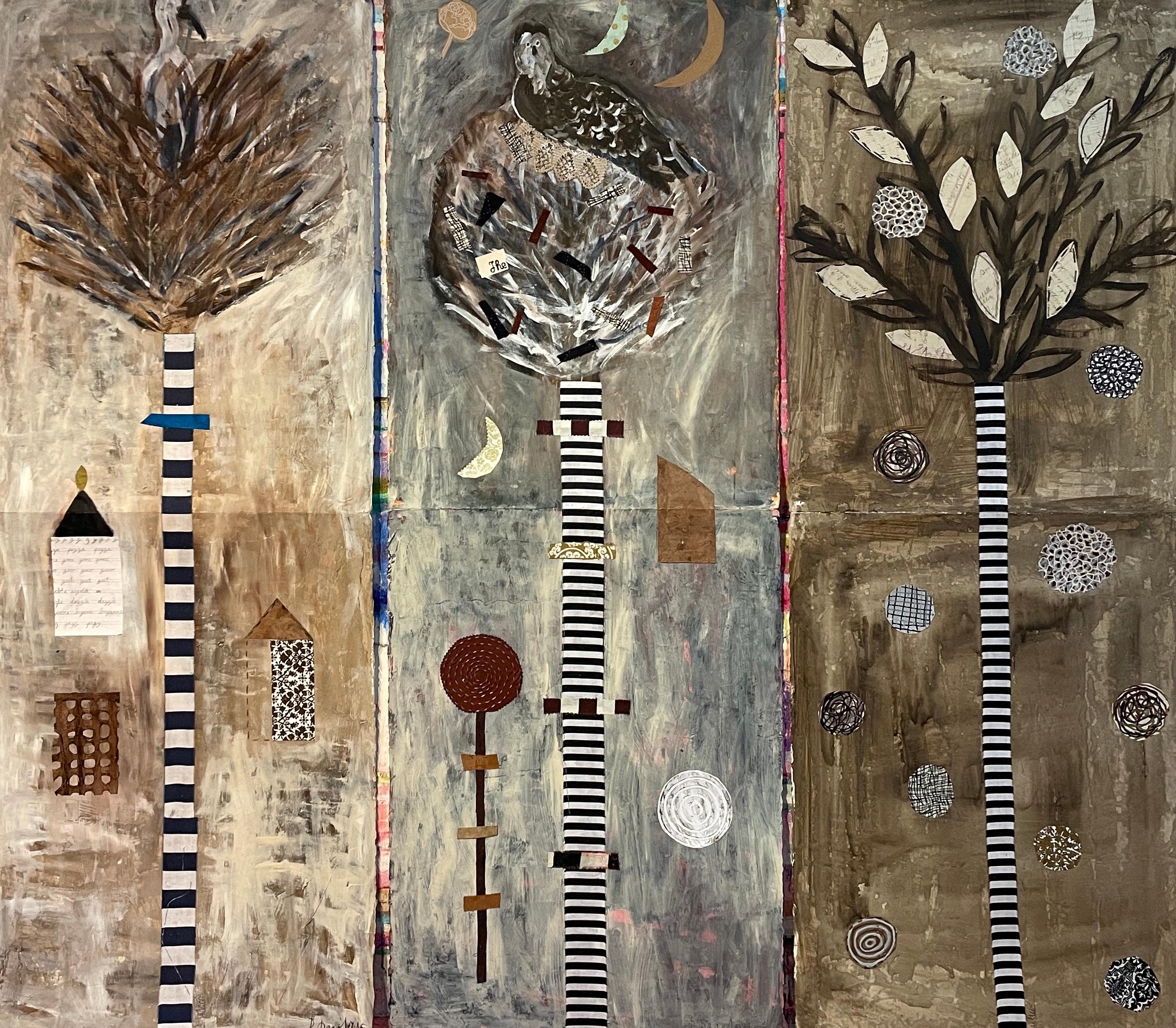 Beige Tree of Life Series 1, 2, and 3 - Painting by Pam Smilow
