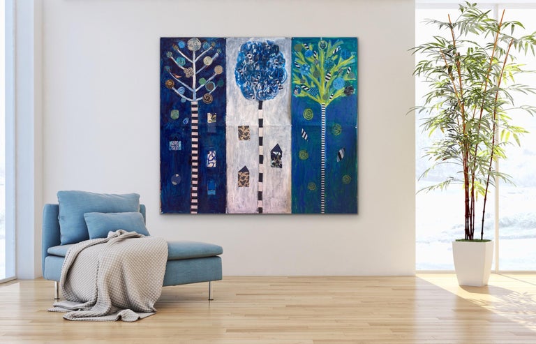 This blue tall vertical mixed media Tree of Life painting on on a heavy Rives BFK paper is individual but can be hung singly or as a grouping.  These are New York artist Pam Smilow's signature paintings--done in many different colorations and tree