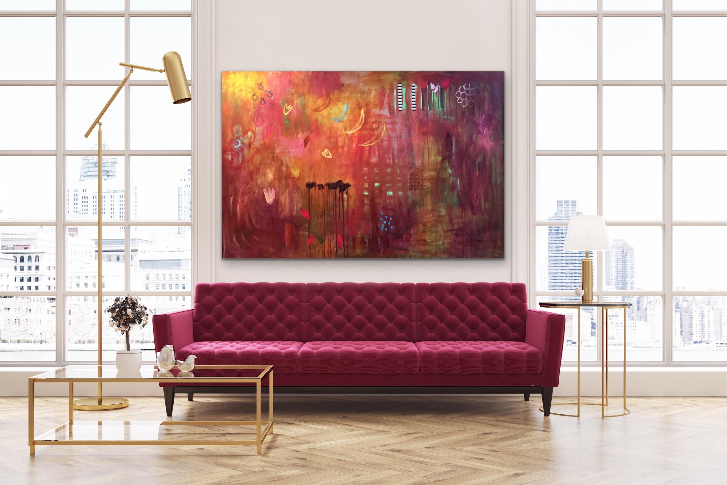 Crimson Abstract with Moons Large Contemporary Painting For Sale 1