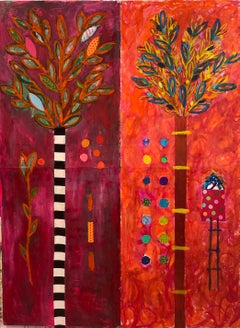 Contemporary Orange Tree of Life Mixed Media Acrylic Painting on Paper
