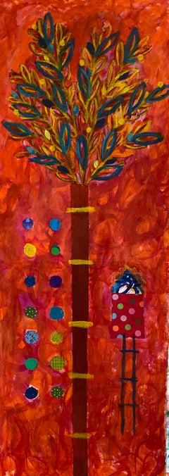 Contemporary Orange Tree of Life Mixed Media Acrylic Painting on Paper