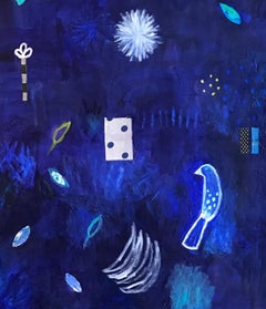 Blue Bird Scroll Tall Vertical Painting