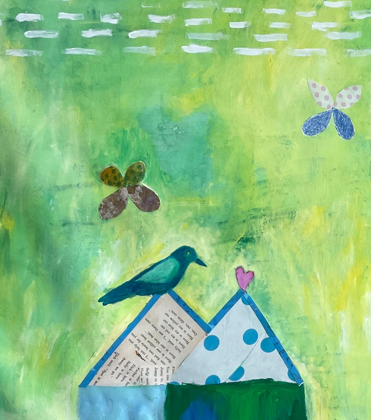 Floating House Series: Blue Yellow Bird - Painting by Pam Smilow