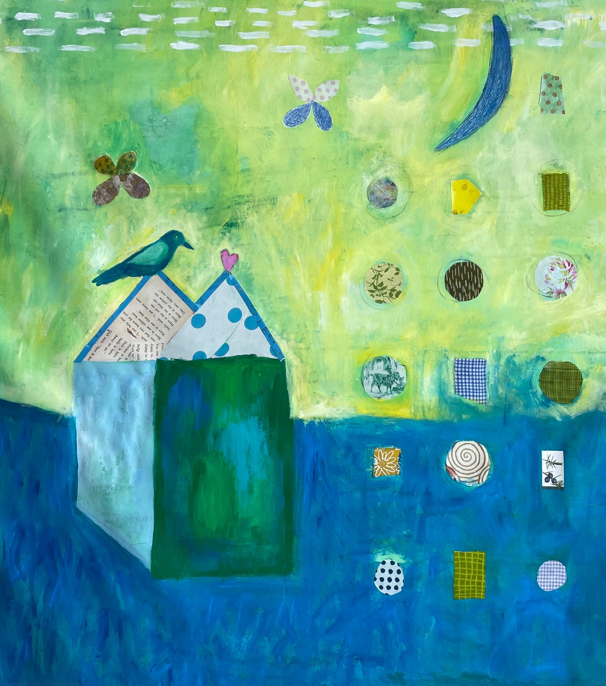 Pam Smilow Abstract Painting - Floating House Series: Blue Yellow Bird