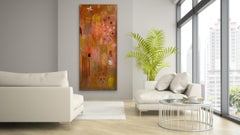 Papillons et points ocre jaune, peinture verticale contemporaine