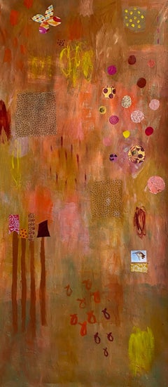 Yellow Ochre Butterflies and Dots, contemporary vertical painting